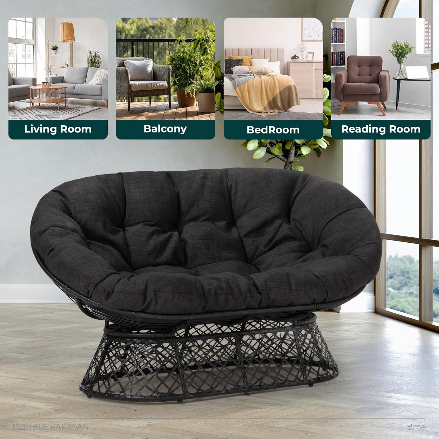 Bme Double Papasan Chair, 600lbs Capacity, Ergonomic Design, Soft Thick Fabric Cushion, Bee-Designed Base, Durable Steel Frame, 61', Onyx Stone - Black Base