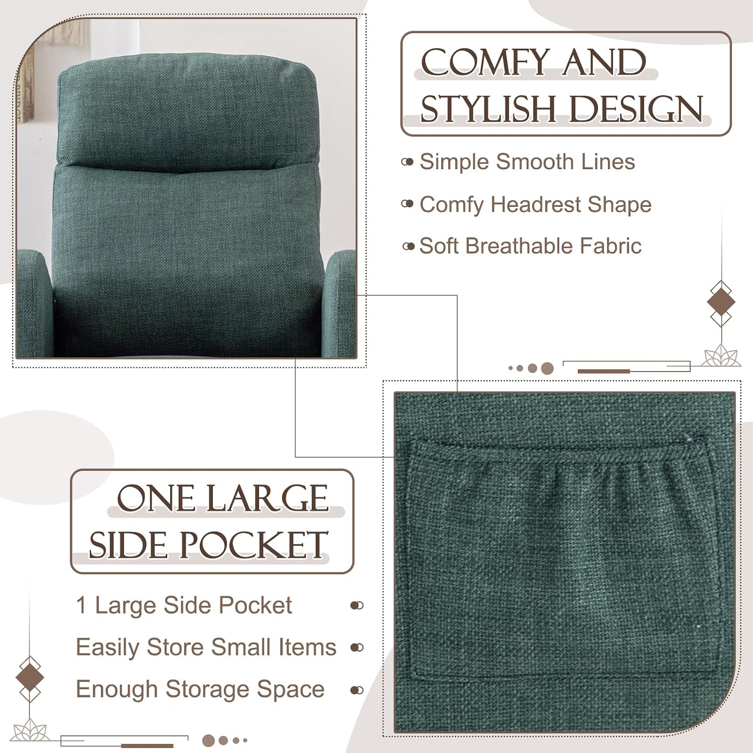 Upholstered Rocking Chair for Nursery, Accent Glider Rocker with Side Pocket, Comfy Armchair with Tall Backrest and Double Layer Cushion, Baby Nursery Glider for Living Room, Bedroom (Emerald Green)