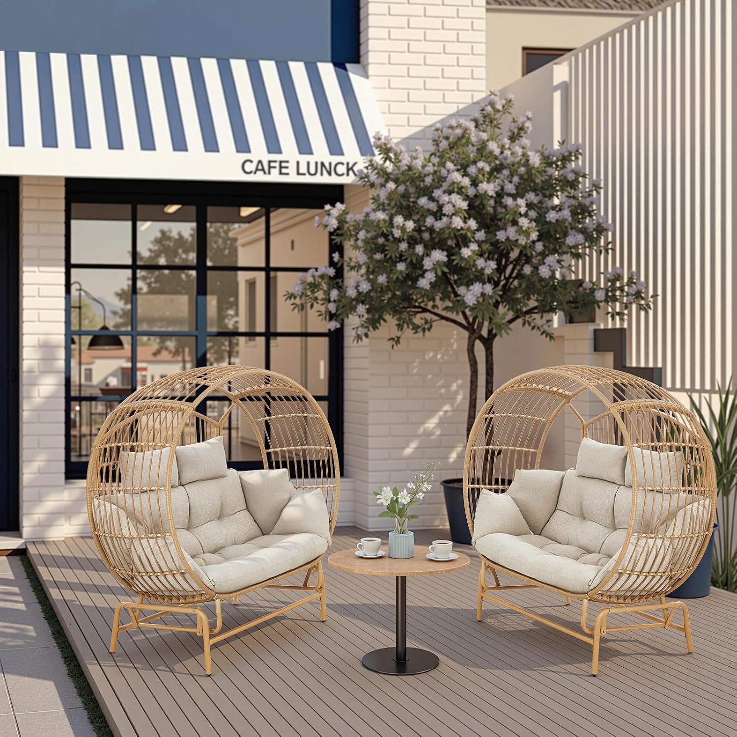 Oversized 2-Person Egg Chair Glider Rocking Chair, Heavy-Duty Wicker Rattan Outdoor Loveseat w/Thicken Padded Cushions, Extra Large Lounge Chair for Porch Backyard Patio Garden Yellow