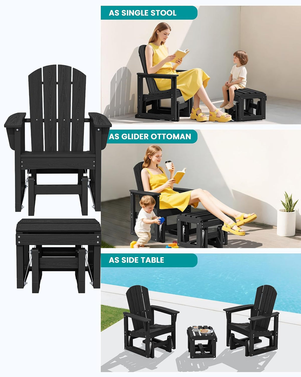 SERWALL Outdoor Glider Chair Set of 4 with Ottoman, HDPE Wood-Like Patio Glider Set All-Weather Porch Glider for Outside, Black