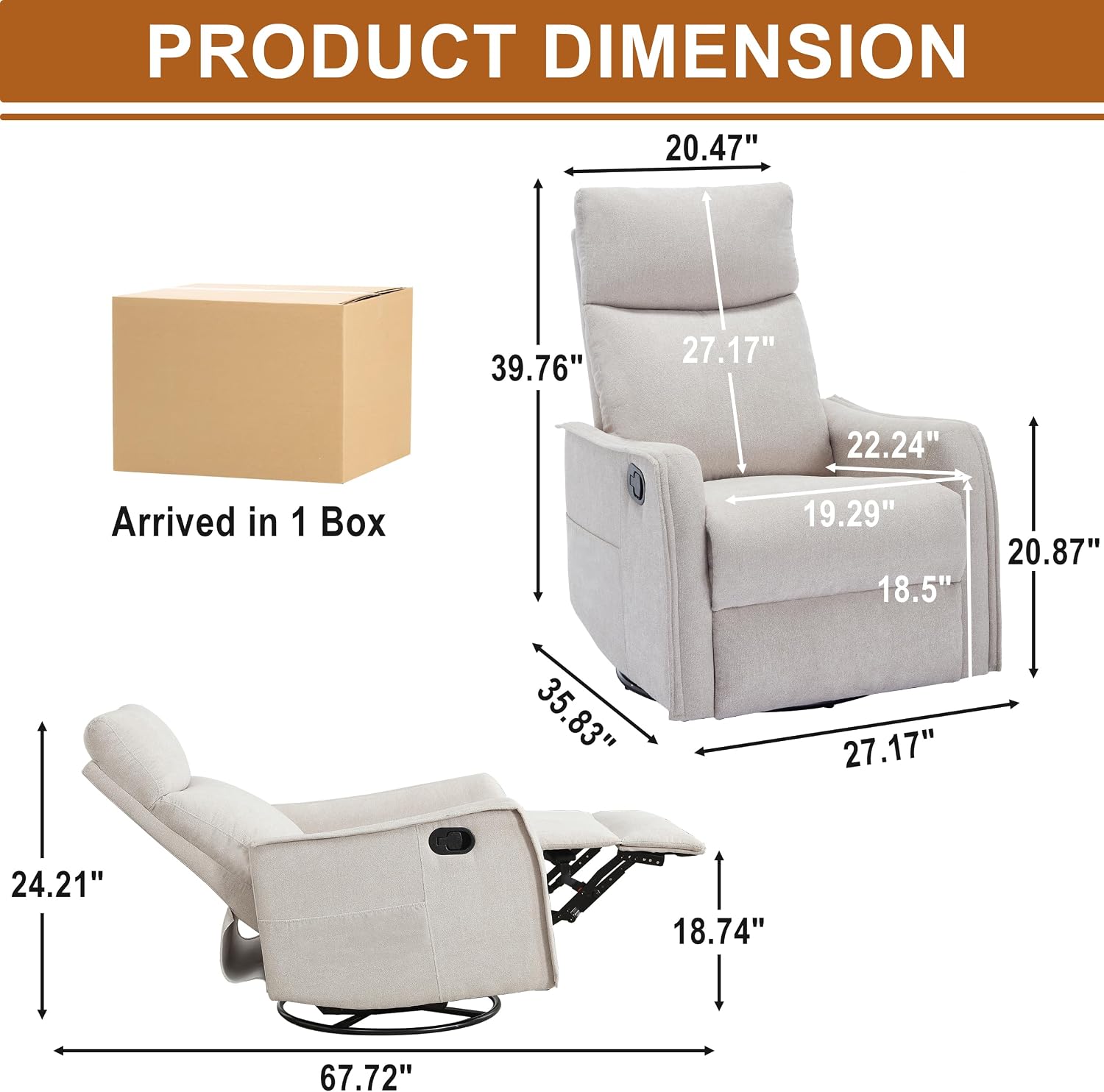 Manual 360° Swivel Rocker Recliner Chair for Adults, Overstuffed Glider Chair for Nursery with Vibration Massage and Heat, Comfy Soft Fabric Glider with Side Pockets for Living Room, Beige