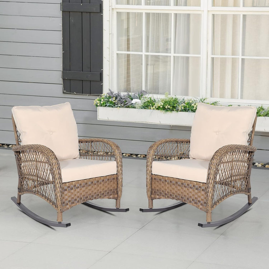 Outdoor Wicker Rocking Chair with Thickened Cushions, All-Weather Rattan Patio Rocking Chairs, Patio Wicker Rocker Chair for Backyard, Beige, Set of 2