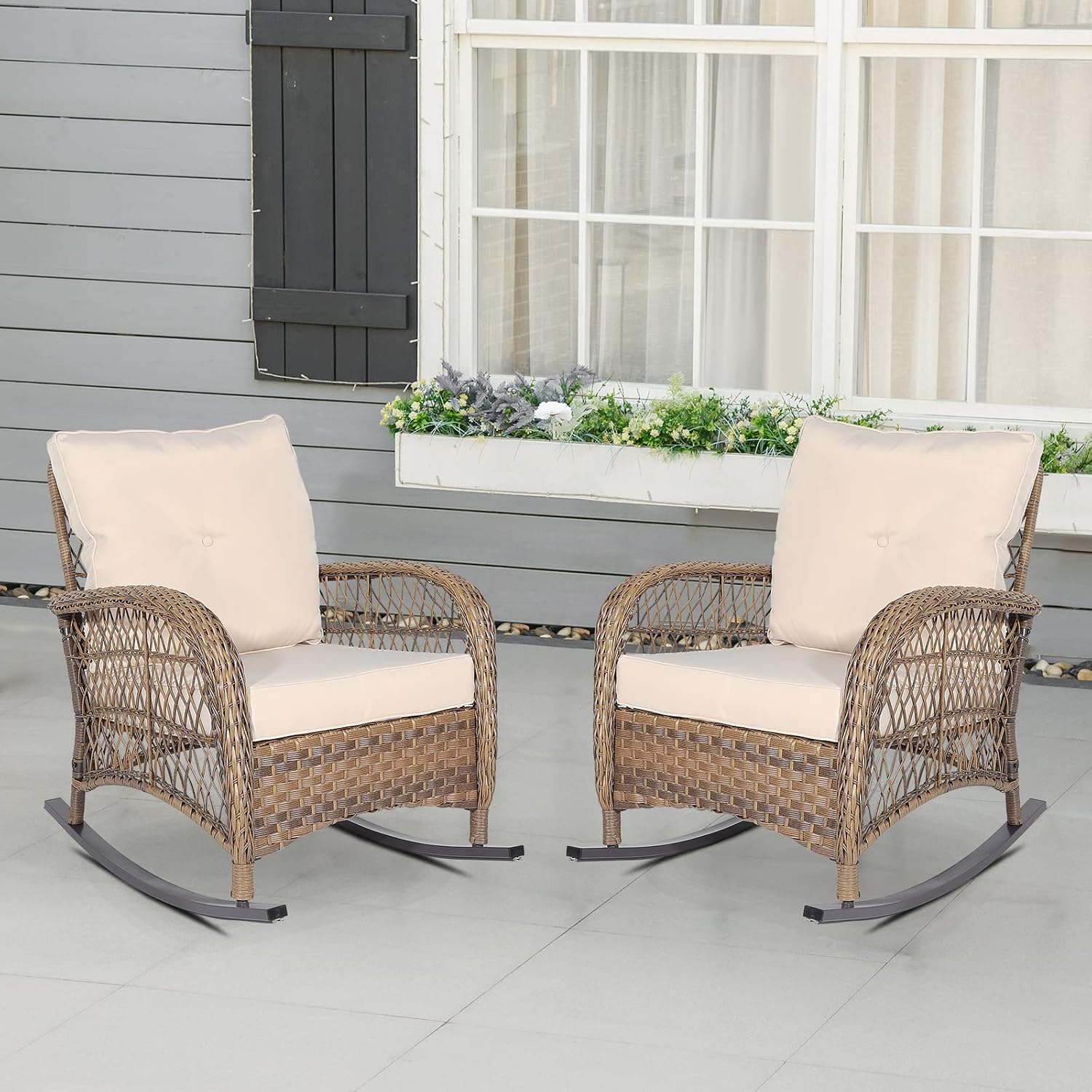 Outdoor Wicker Rocking Chair with Thickened Cushions, All-Weather Rattan Patio Rocking Chairs, Patio Wicker Rocker Chair for Backyard, Beige, Set of 2