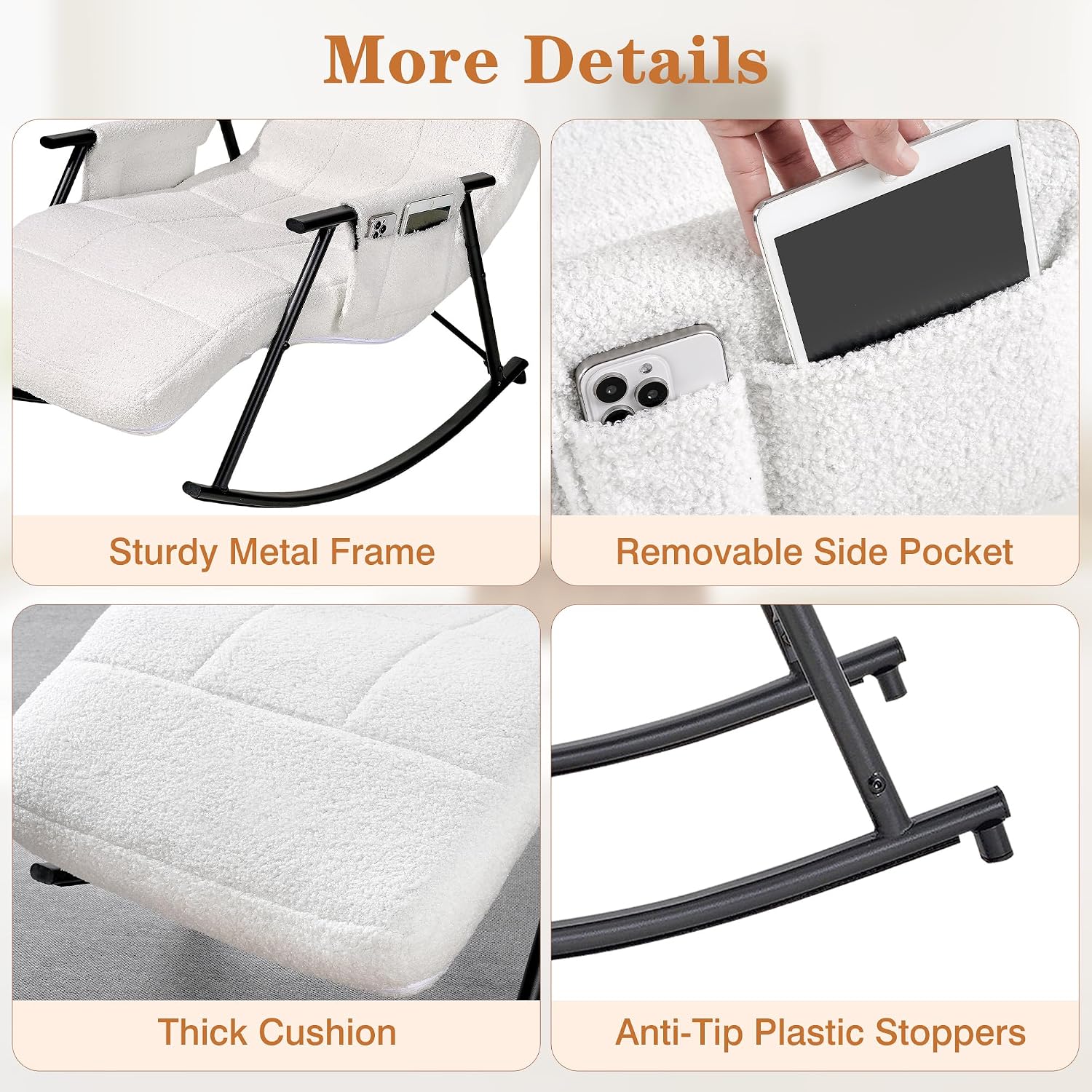 VECELO High Back Nursery Rocking Chair with Foot Rest, Teddy Upholstered Reclining Glider Rocker, Comfy Armchair Padded Seat Removable Side Pockets for Living Room, Bedroom, Balcony, White