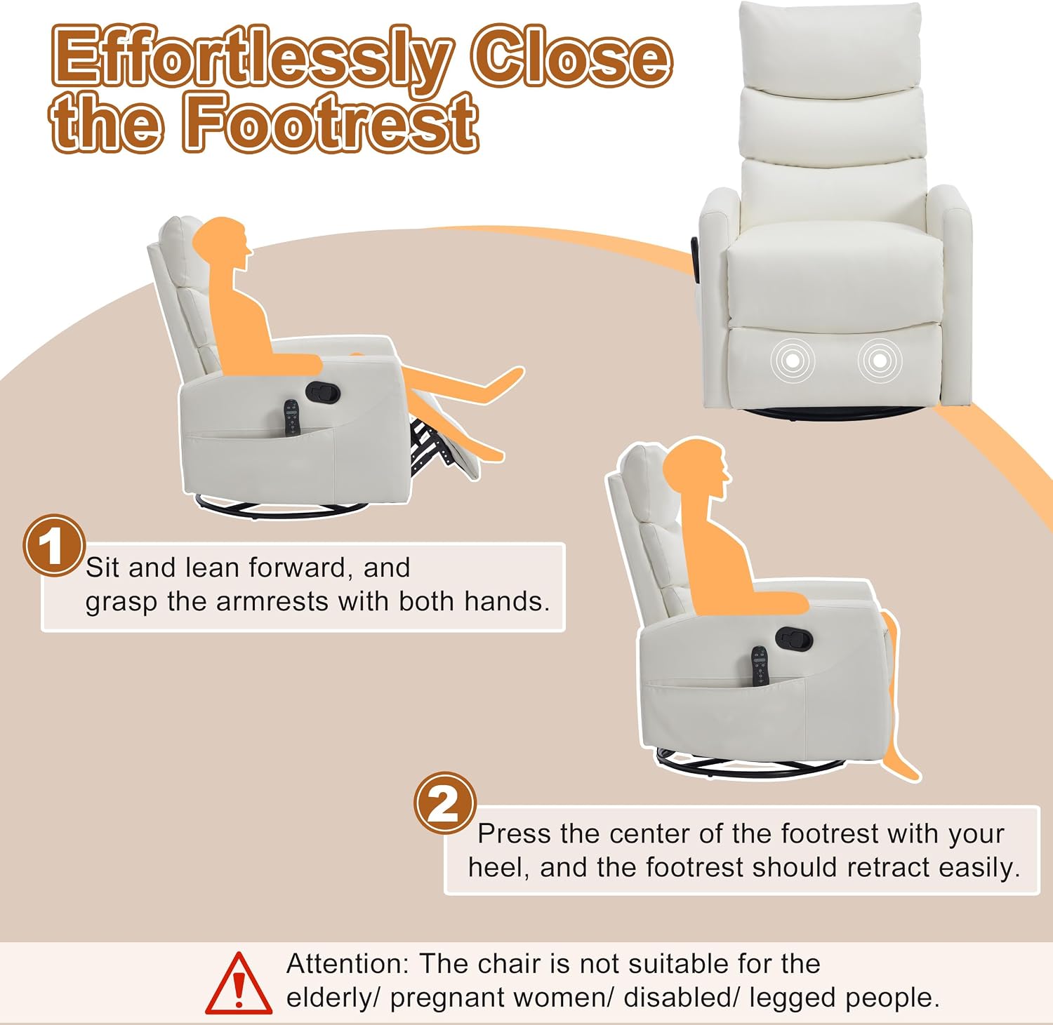 Manual Swivel Rocker Recliner Chair for Adults, Overstuffed Glider Recliner for Nursing with Vibration Massage & Heat, Living Room Rocking Recliner 3-Stage backrest, Faux Leather White