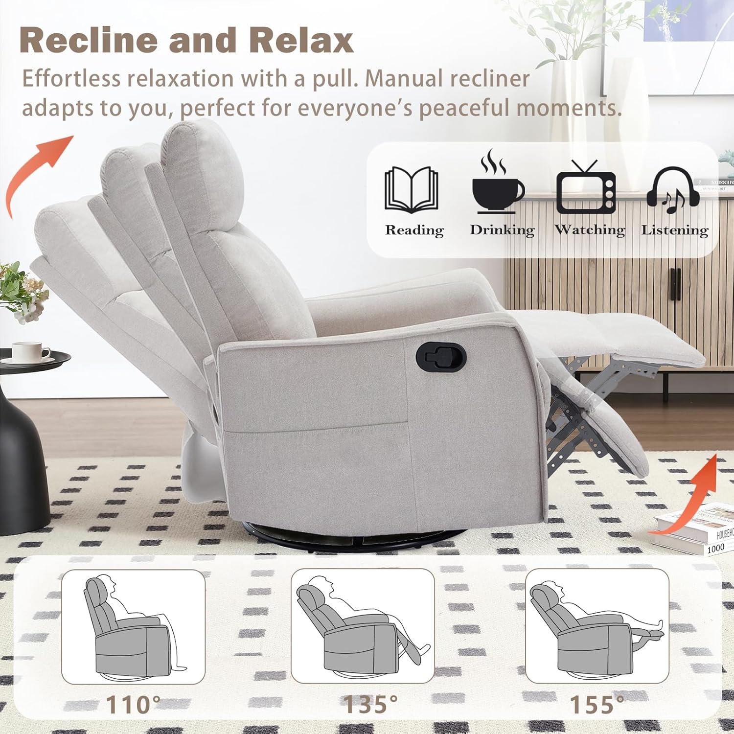 cinkehome Swivel Rocker Recliner Chair with Heated Massage, Rocking Reclining Chairs for Nursery, Small Spaces, High Back, Side Pocket