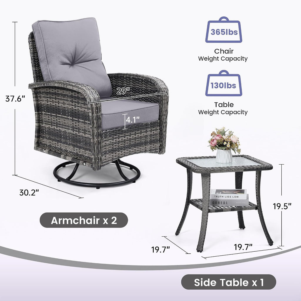 wildformers Luxury Outdoor Swivel Wicker Glider Patio Chairs with Table Set, Overstuffed Washable Cushions, Ideal for Porch, Balcony, Deck, Grey Rattan and Grey Cushion