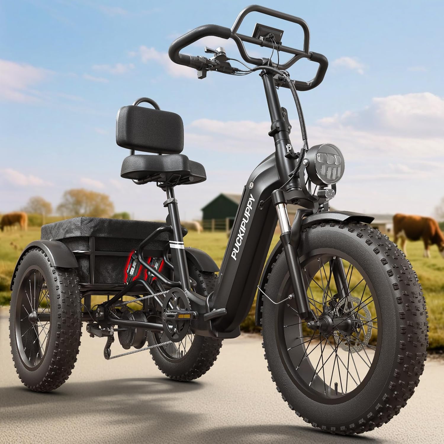 PUCKIPUPPY Electric Tricycle for Adults, Full Suspension & Reverse Gear 960W Peak Electric Trike Max 55 Miles