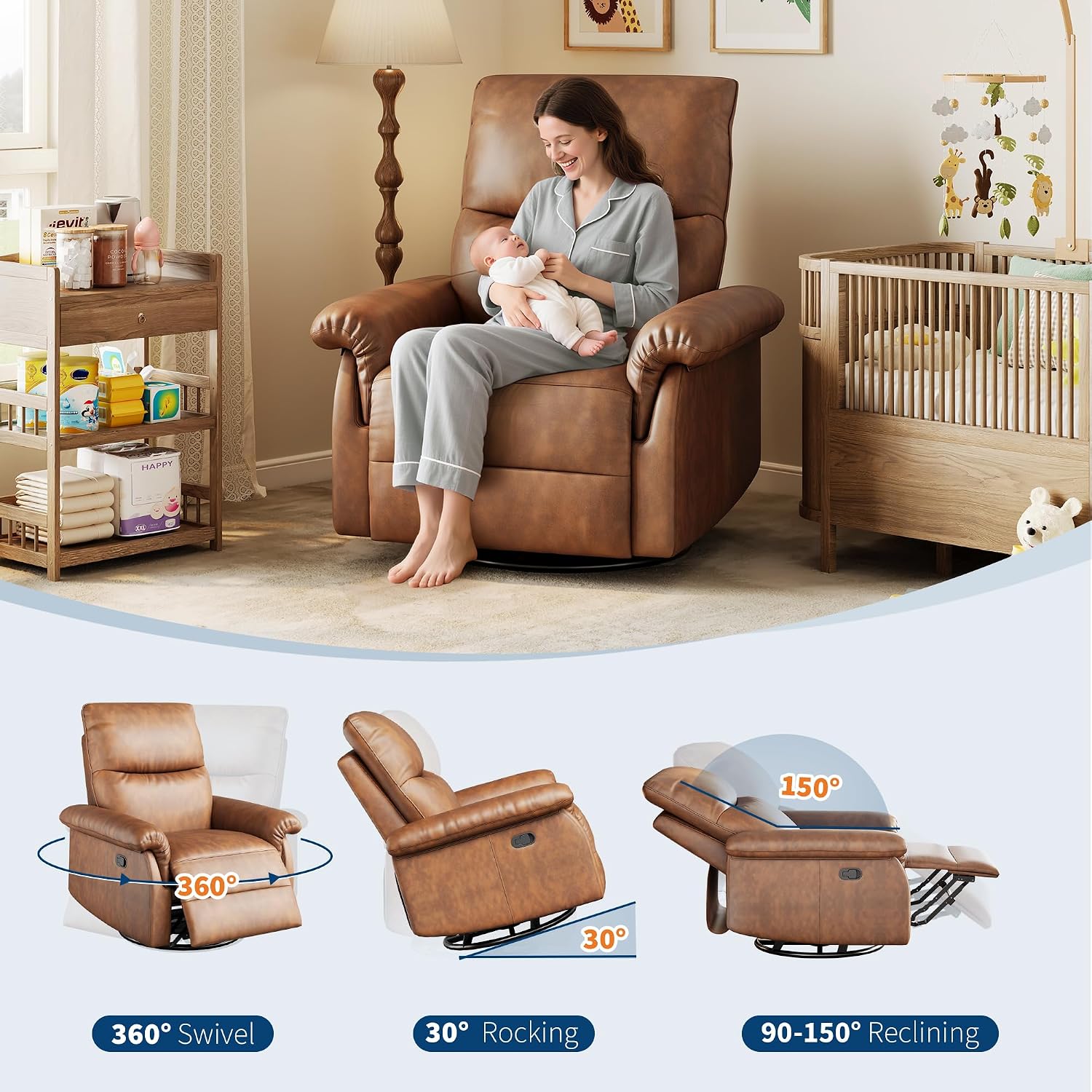 IDEALHOUSE Manual Recliner Chair, 360° Swivel Rocker Glider Recliner with Padded Armrests, Modern PU Leather Upholstered Reclining Chair for Living Room Bedroom and Nursery (Orange)