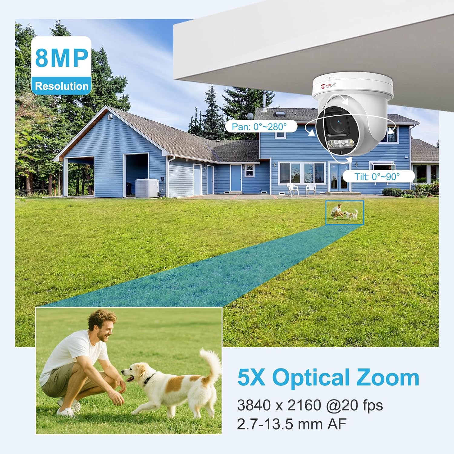Anpviz 4K 8MP PoE PTZ Camera Outdoor, 5X Optical Zoom 2.7~13.5mm Lens, Pan 280° Tilt 90° IP Security Camera Human Vehicle Detection, Spotlight&Sound Alarm, 2 Way Talk, PTZIP30A80WD-SA-5X (U Series)