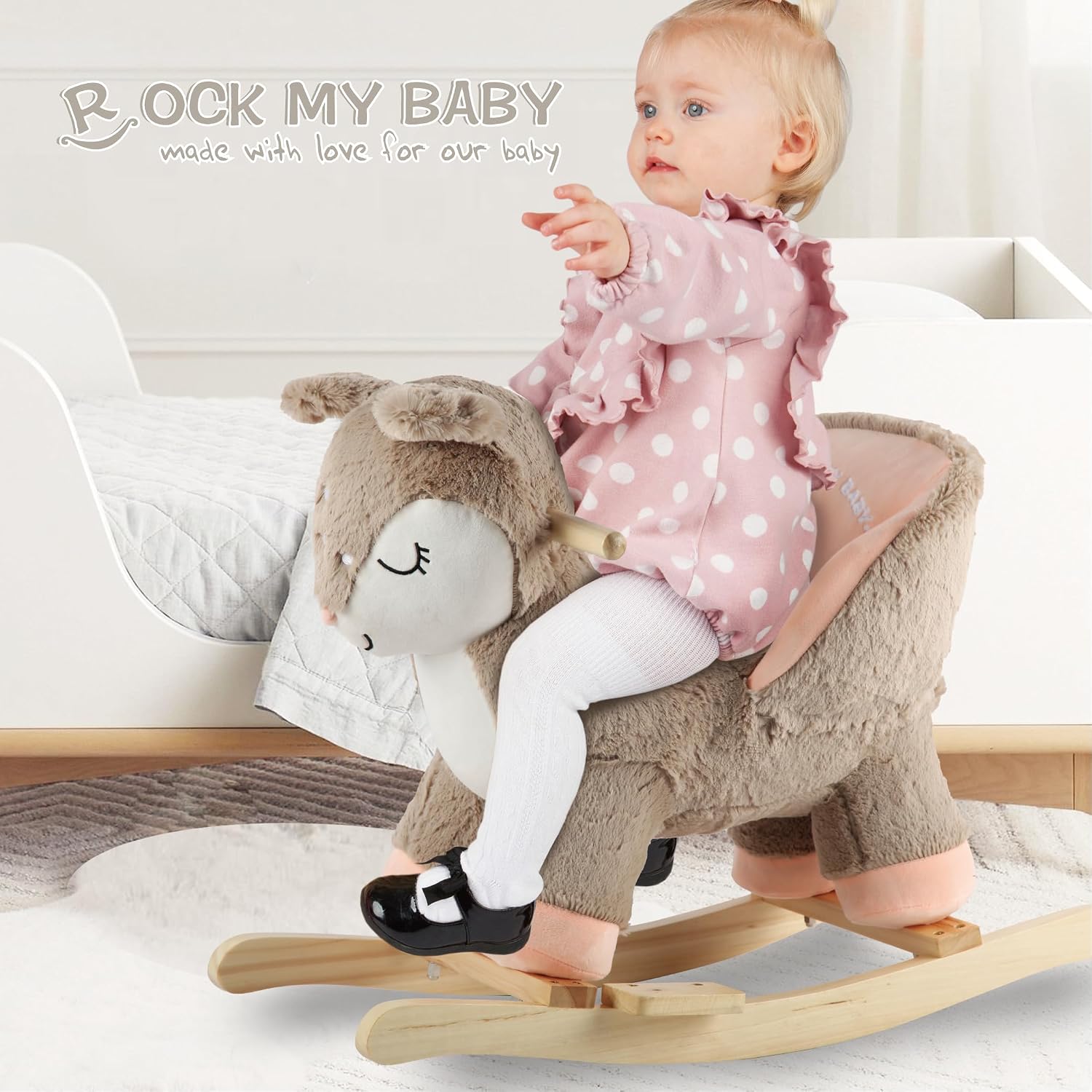 Rock My Baby Rocking Horse Deer with Chair, Plush Stuffed Animal Rocker for Toddlers 1-3, Baby Rocker with Sweet Music, Animal Ride on,Pink Deer,CPC Certified