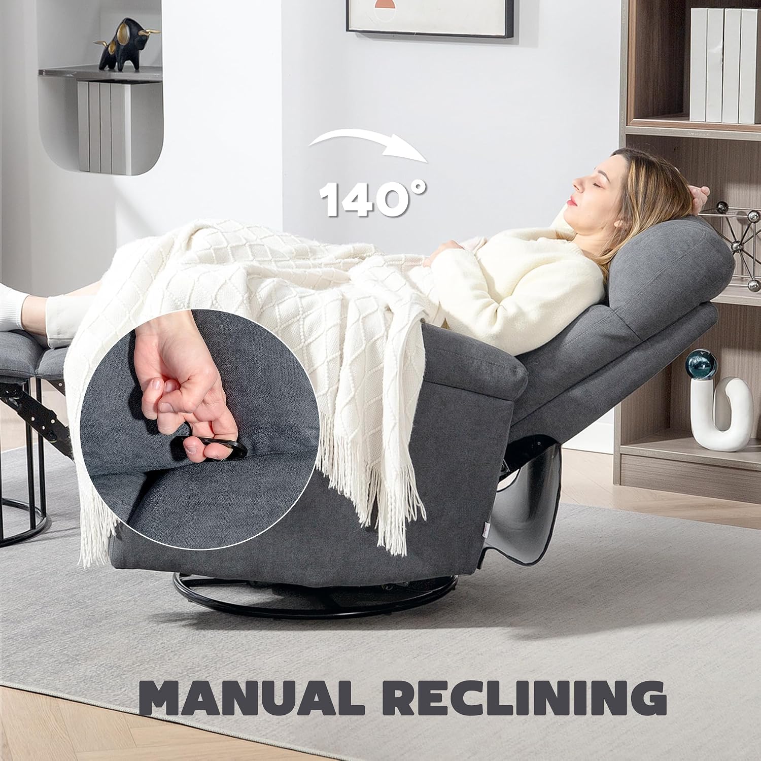 HOMCOM Swivel Rocker Recliner Chair, Wide Glider Rocking Single Sofa with Pocket Spring, Footrest, Modern Fabric Overstuffed Reclining Chair for Living Room, Bedroom, Quick Assembly, Gray