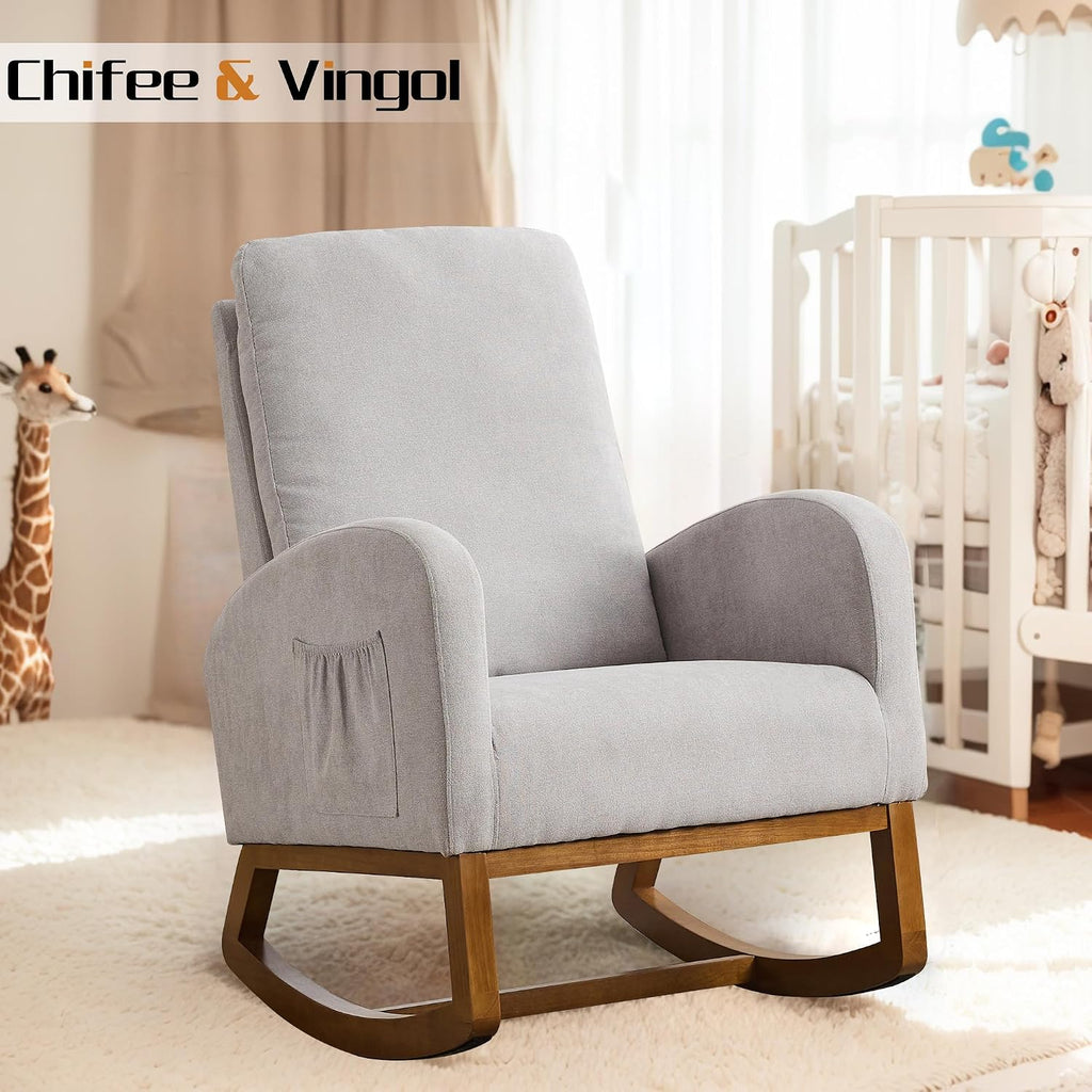 Chifee & Vingol Rocking Chair Nursery Nursing Glider Rocker Chair, Linen Fabric, Light Grey