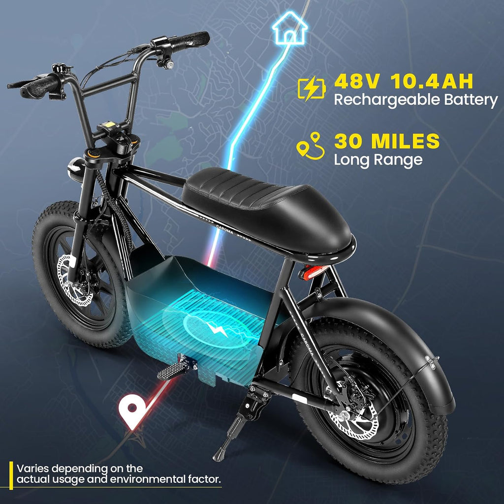 Caroma Peak 1200W/800W/500W Electric Scooter with Seat,16'×3' Fat Tire Ebike All-Terrain,Max 30Miles&20MPH Electric Scooter Adults,Electric Motorcycle Adults with Storage Basket for Pets&Cargo
