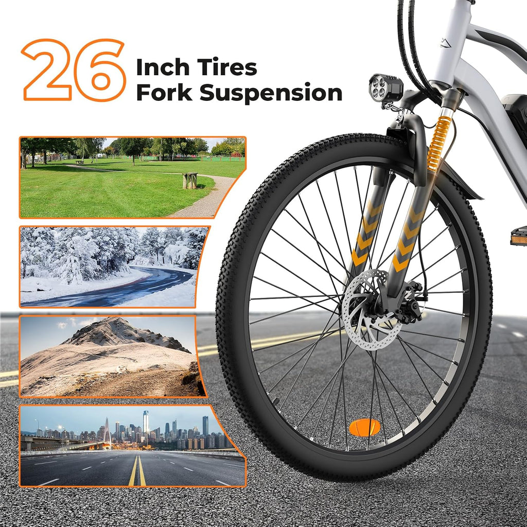 Electric Bike, 1500W/1000W/750W Peak Motor, 80/70/55 Miles Range & 20MPH Speed, 26'' Tires, APP Control E Bike, Shock Absorber, Adjustable Seat, Commuting Electric Bike for Adults