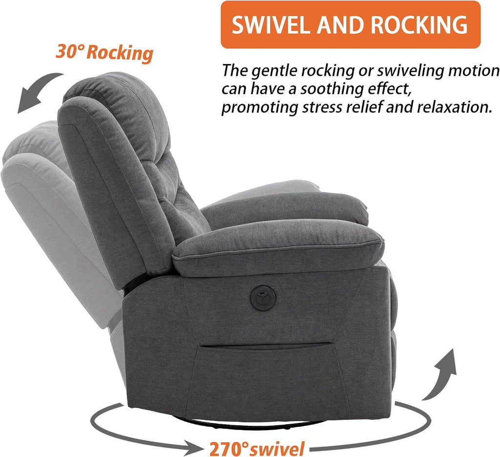 Ketaiyou Power Swivel Rocker Recliner with Massage and Heat, USB Port, Infinite Position, Oversized Electric Glider Rocking Chairs Living Room, Soft Fabric Reclining Sofa Chair (Dark Grey Fabric)