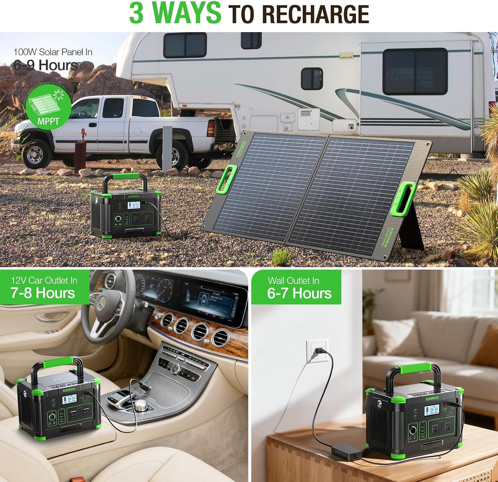 Portable Power Station 500W (Peak 1000W), 519Wh Solar Generator with 2x AC Outlets, 60W USB-C PD Fast Charging, 10-Port with Wireless Charger, Pure Sine Wave, Camping RV Travel Emergency Home Backup
