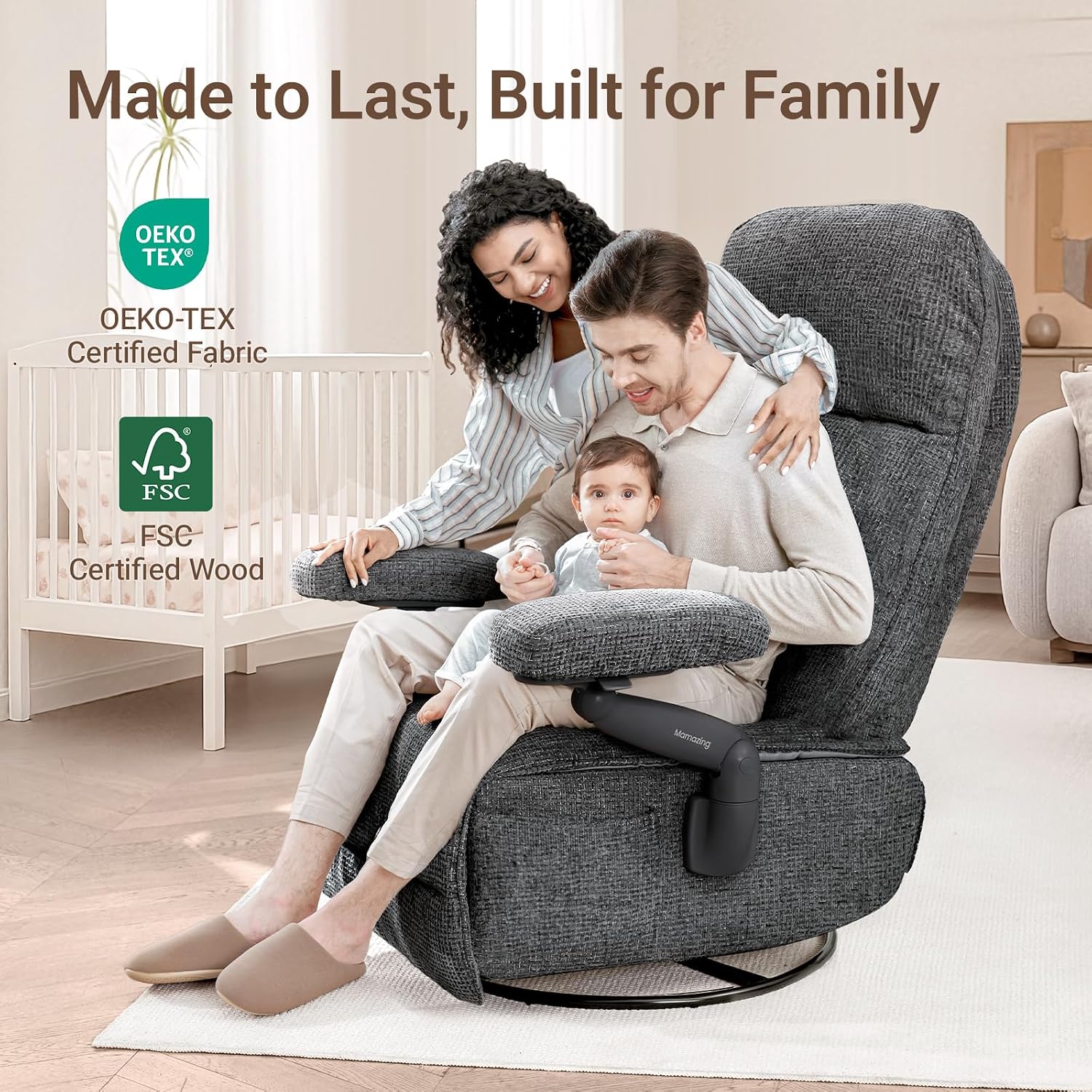 MAMAZING Lullacloud Swivel Rocker Recliner Chair for Adults with Adjustable Armrests & Headrest, Glider Rocking Chair Indoor with Removable Cover, Reading Chair with a Cushion for Living Room Bedroom