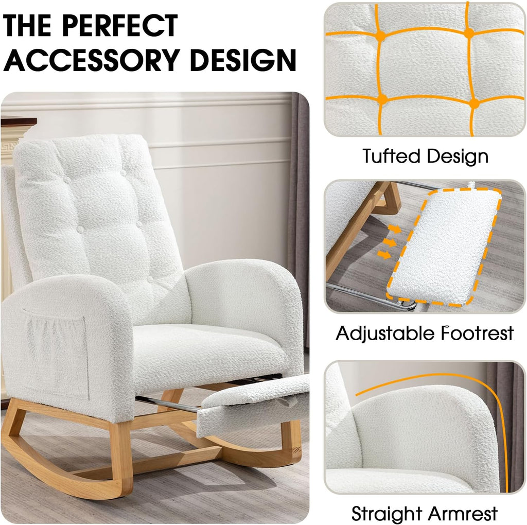 NIOIIKIT Rocking Chair Nursery, Polar Fleece Upholstered Glider Chair with Footstool, Tufted Rocker Recliner Chair with Side Pocket, Comfy Glider Accent Chair for Living Room (White Polar Fleece)