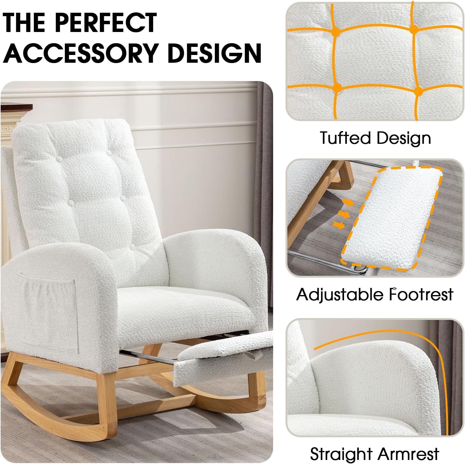 NIOIIKIT Rocking Chair Nursery, Polar Fleece Upholstered Glider Chair with Footstool, Tufted Rocker Recliner Chair with Side Pocket, Comfy Glider Accent Chair for Living Room (White Polar Fleece)