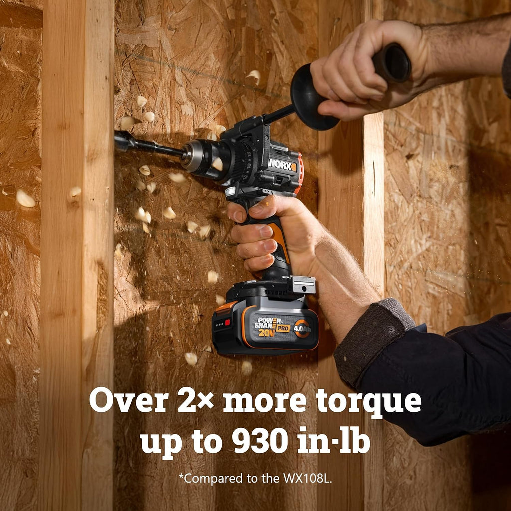 WORX Cordless Drill Driver, 20V 930 in·lbs Brushless Power Drill Driver, Powerful and Faster Drilling and Driving, Compact 6.3' length, 20V 4.0 Ah Battery and Charger Included, PowerShare