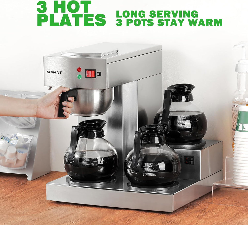 NUPANT 12 Cup Commercial Coffee Maker,Drip Coffee Maker Machine with 3 Warmers Plate and 3 Glass Decanters, Stainless Steel Pour Over Commercial Coffee Brewer for Restaurant, Office, Cafe Use