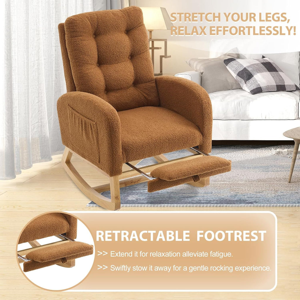 cinkehome Nursery Rocking Chair with Retractable Foot Rest, Teddy Glider Rocking Chair, Mid Century Rocker Chair, High Back, Solid Wood Legs