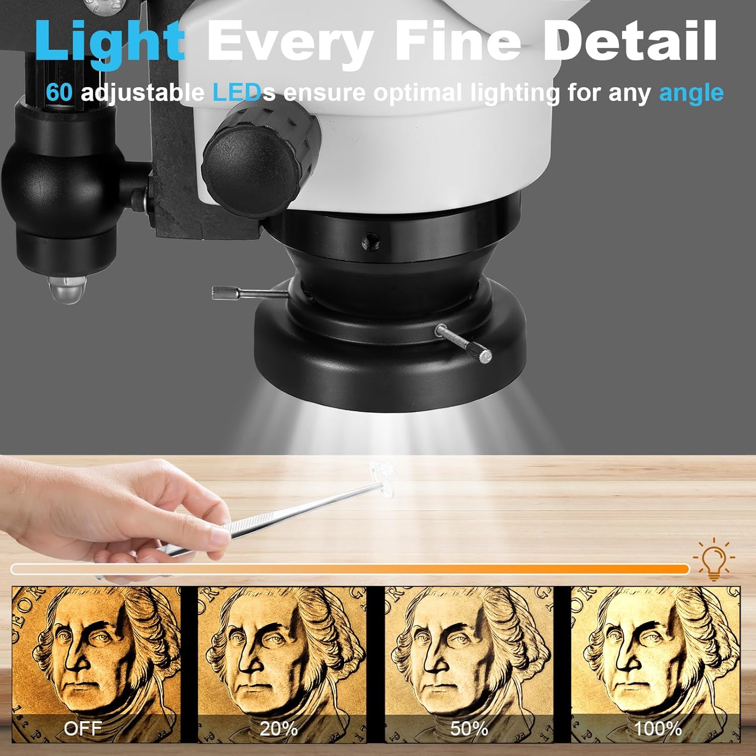 DZQ Jewelry Microscope, 7X-45X Magnification with Multi-Directional Spring Stand, 0.5X Barlow Lens, 60 Ring Light Illuminator & Dimmer Switch, Jewelers Microscope for Jewelry Engraving Setting Making