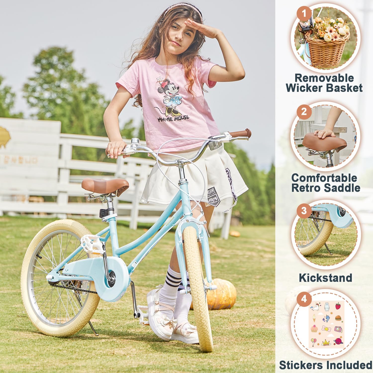 Petimini Vintage Kids Bike for Girls, 12–20 Inch Classic Bicycle with Wicker Basket & Bell, High Tensile Steel Frame, Training Wheels (12–18'), 85% Pre-Assembled, Retro Bike for Outdoor Riding