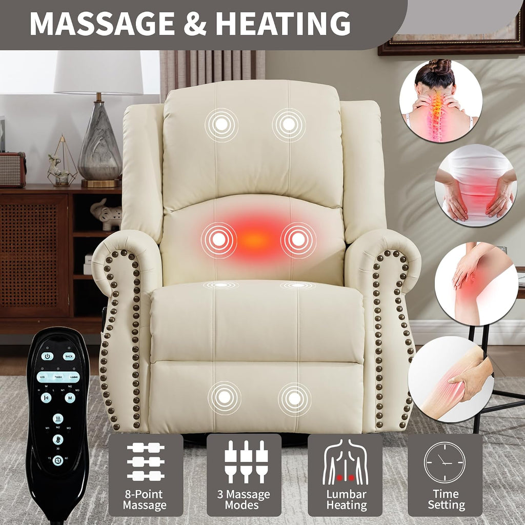 PELUMY Breathable Leather Swivel Rocking Recliner Chair for Adults, 360° Swivel Glider Rocker with Heat & Vibrating Massage, Lounge Chair for Living Room, Bedroom, Nursery (Creamy Beige)