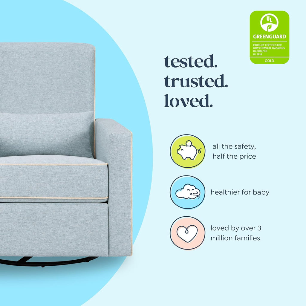 Davinci Piper Upholstered Recliner and Swivel Glider in Heathered Blue with Cream Piping, Greenguard Gold & CertiPUR-US Certified