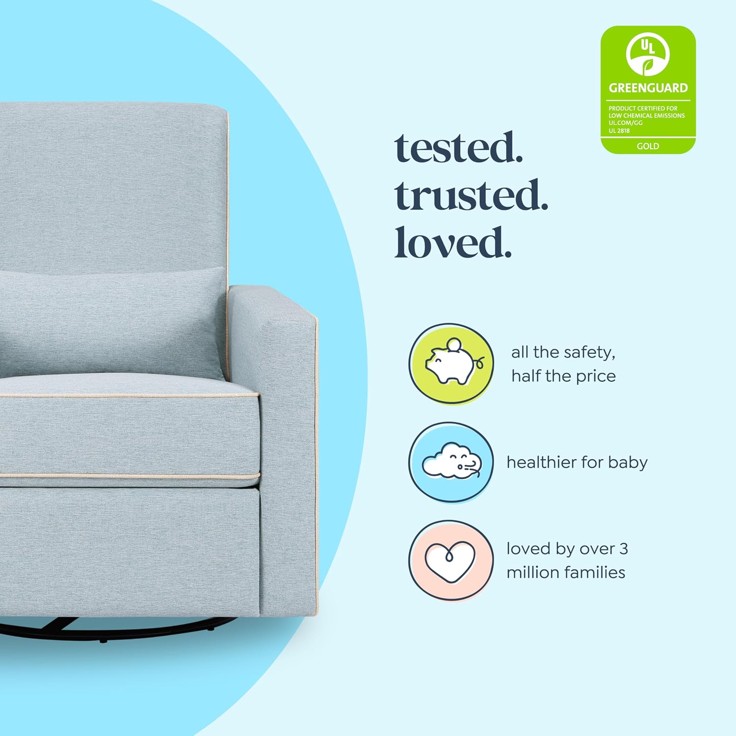 Davinci Piper Upholstered Recliner and Swivel Glider in Heathered Blue with Cream Piping, Greenguard Gold & CertiPUR-US Certified