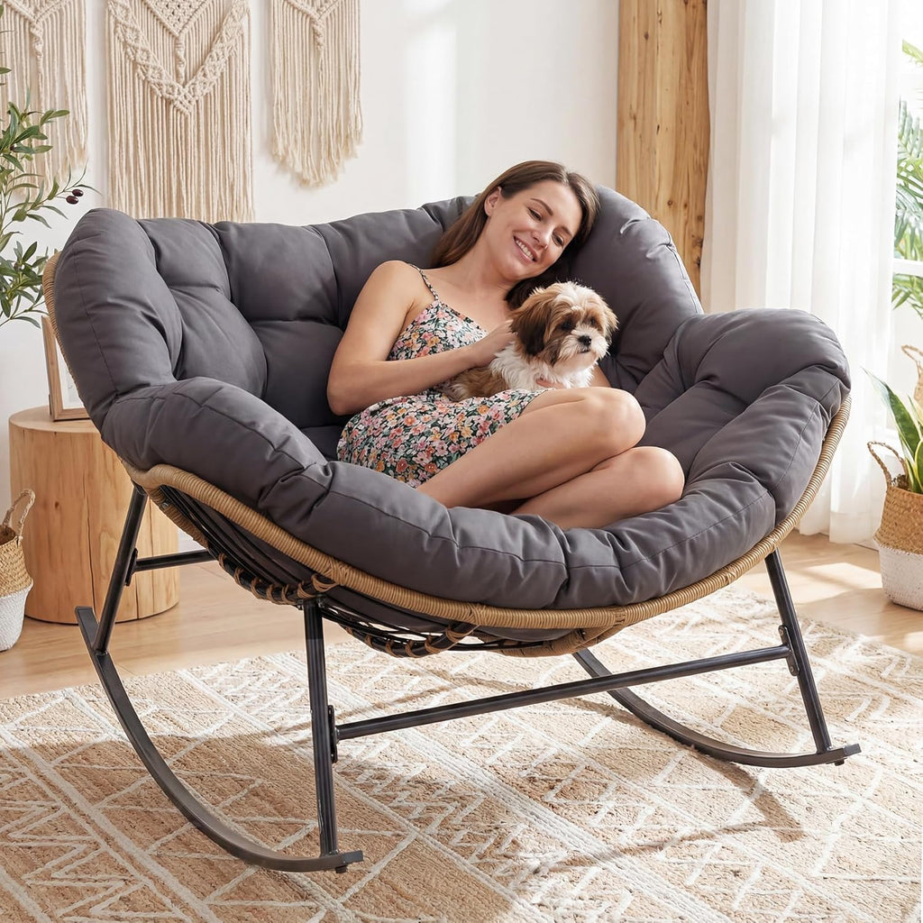 FINCATI Indoor Outdoor Papasan Rocking Chair, Modern Large Reading Lounge Recliner with Cushion, Comfy Big Wicker Rattan Egg Chairs, 450 lbs Sturdy Glider for Bedroom Living Room Porch Garden Grey