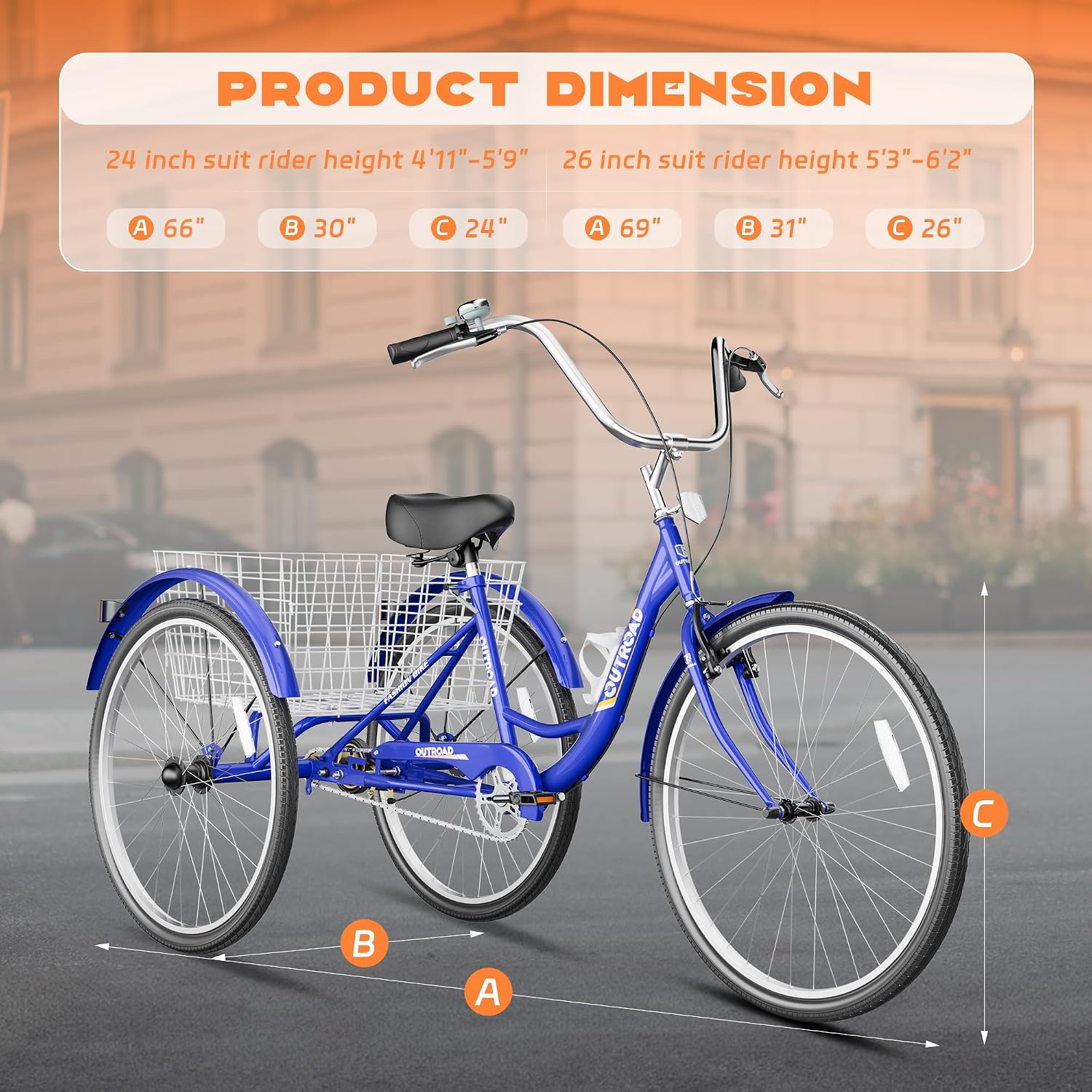 Max4out Adult Tricycle with Large Basket 24/26 Inch, Stable 3 Wheel Cruise Bicycle for Shopping, Beach and City Trike Perfect for Men, Women, Seniors（Blue/Purple/Red）