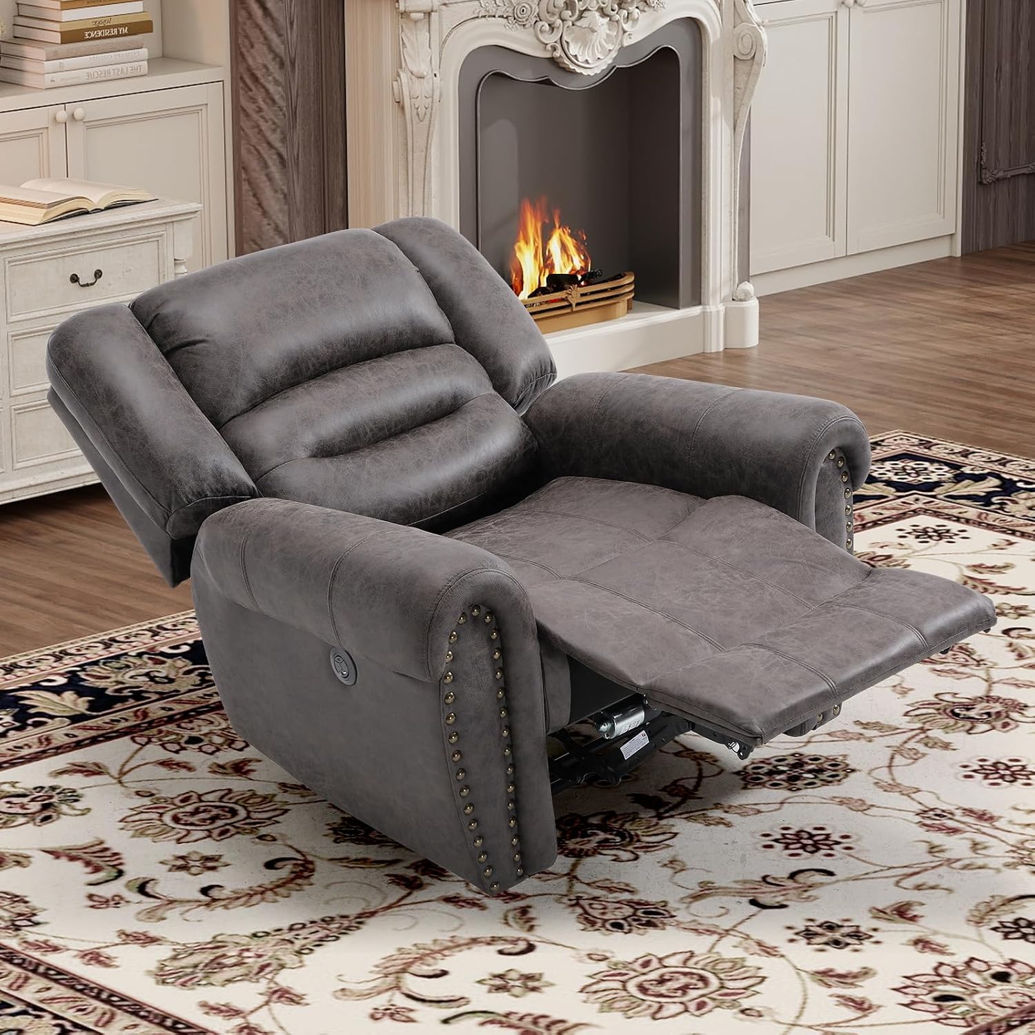 Bonzy Home Power Recliner Chair, Soft Faux Leather Recliner Chair with Thickened Padding and USB&Type-C Charging Ports, Classic Heavy Duty Single Reclining Sofa for Living Room, Dark Gray