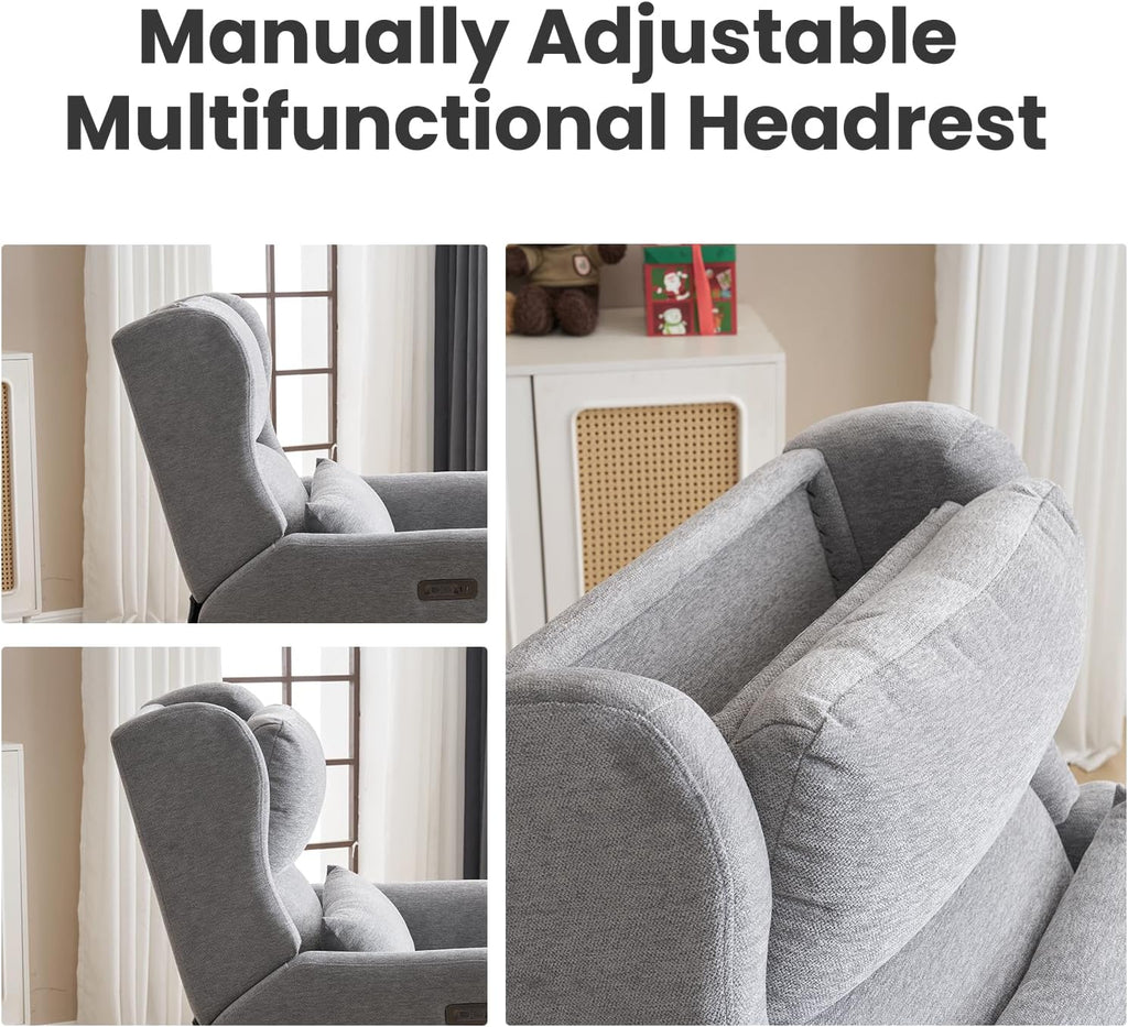 Power Recliner Chair,Oversized Swivel Rocker Recliner with Adjustable Headrest,Nursery Rocking Chair with Lumbar Cushion for Living Room,Grey