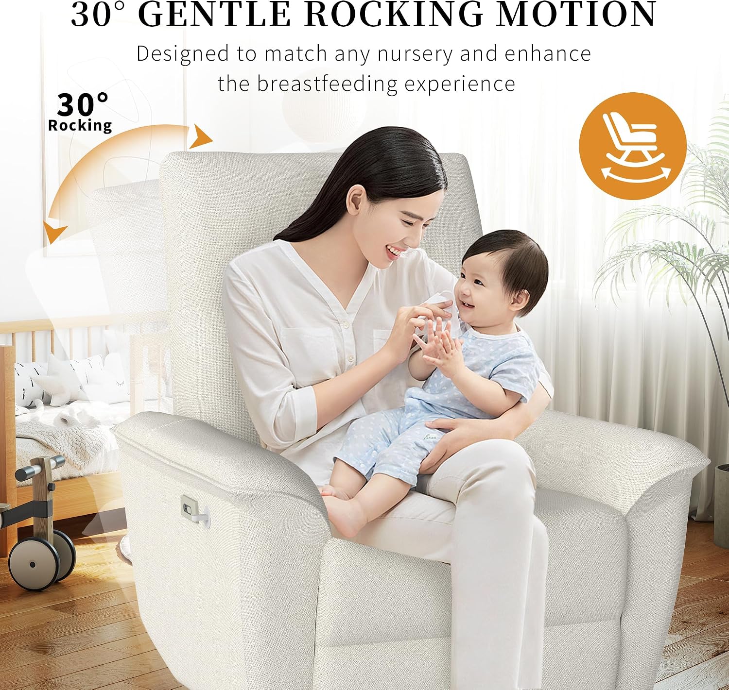 Power Swivel Rocker Recliner Chair for Nursery, Upholstered Glider Rocking Chair with Phone Holder,USB Ports, Small Recliners for Small Spaces Living Room, Bedroom