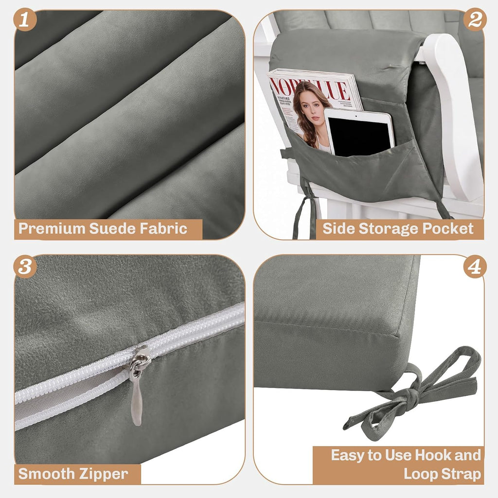 5PCS Suede Glider Rocker Replacement Cushions with 29.5' High Backrest & Side Pockets, Thickened Soft Glider Rocking Chair Cushions with Ottoman Cushion for Indoor Nursery Rocking Chair, Grey