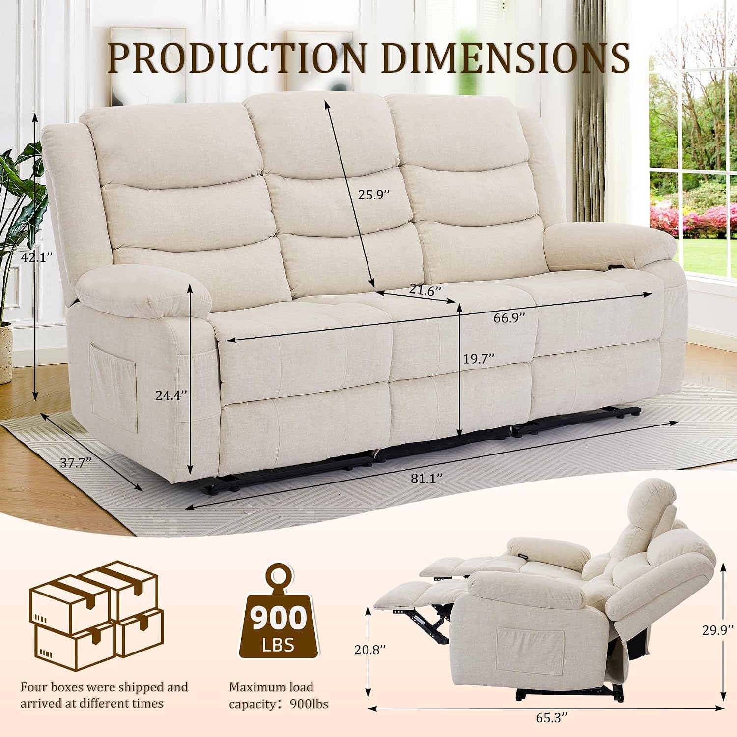 Korser Recliner Sofa, Reclining Loveseat with Console, Oversized Reclining Couch with Drop Down Table, 3-Seater Sofa with Cup Holder and Recessed Power Strip, Beige
