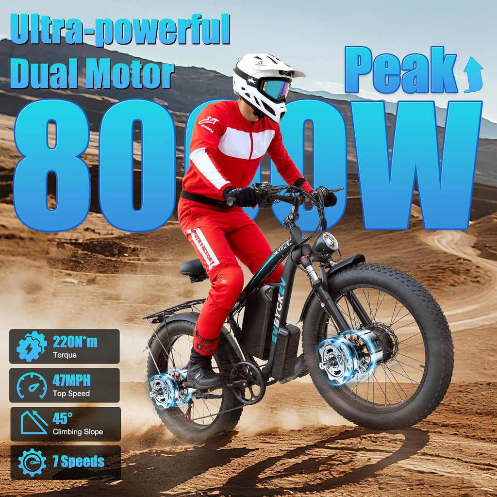 8000W Peak Electric Bike 60V 26Ah Dual Motor Ebike for Adults, 47MPH Up to 100Miles Fast Ebike, 24Inches Fat Tire E Bike,Lockable Suspension Mountain E-bike for Snow Hunting Off-Road Sand Commuter