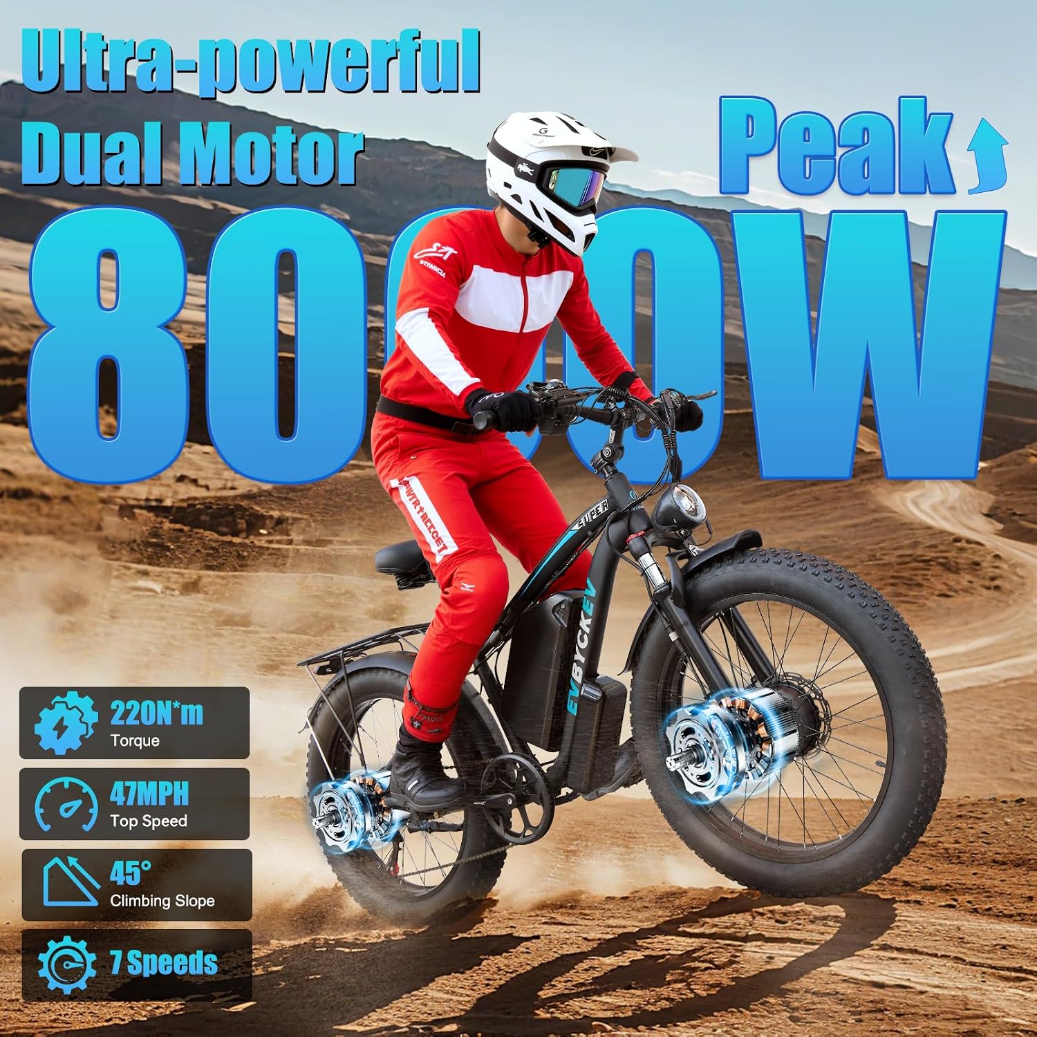 8000W Peak Electric Bike 60V 26Ah Dual Motor Ebike for Adults, 47MPH Up to 100Miles Fast Ebike, 24Inches Fat Tire E Bike,Lockable Suspension Mountain E-bike for Snow Hunting Off-Road Sand Commuter