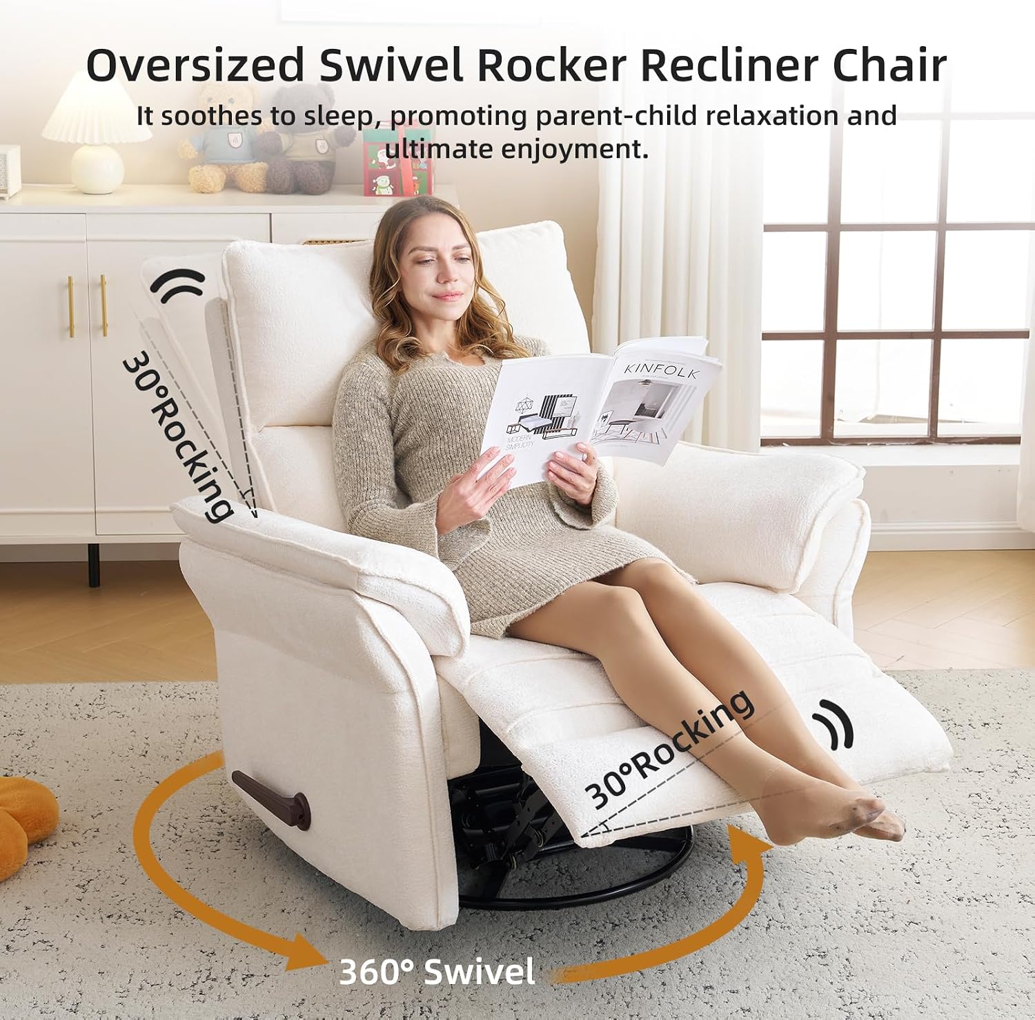 Oversized Recliner Chair, 26' Extra Wide 360° Swivel Rocker Recliner with Adjustable Headrest, Chenille Glider Rocking Nursery Chair with Overstuffed Armrest, Lumbar Support, White
