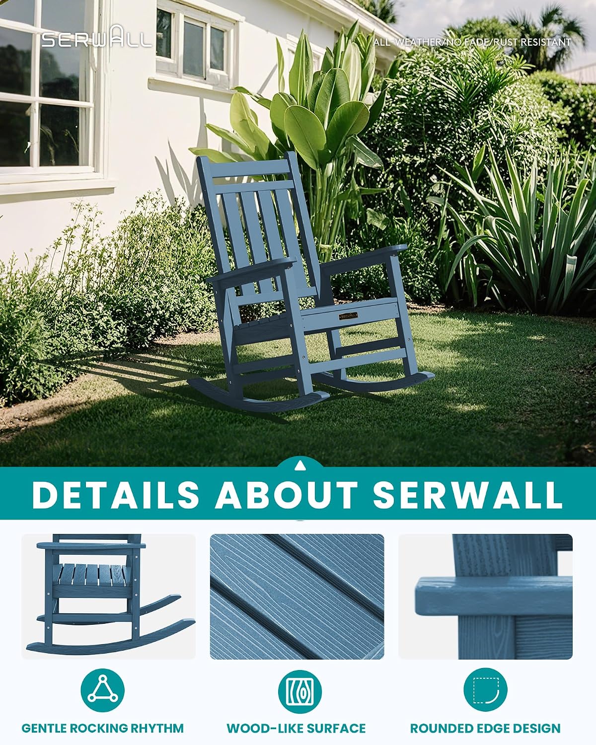 SERWALL SEWALL Oversized Outdoor Rocking Chair with Cushion, Patio Rocking Chairs for Porch, Blue HDPE Rocker+Beige Cushion
