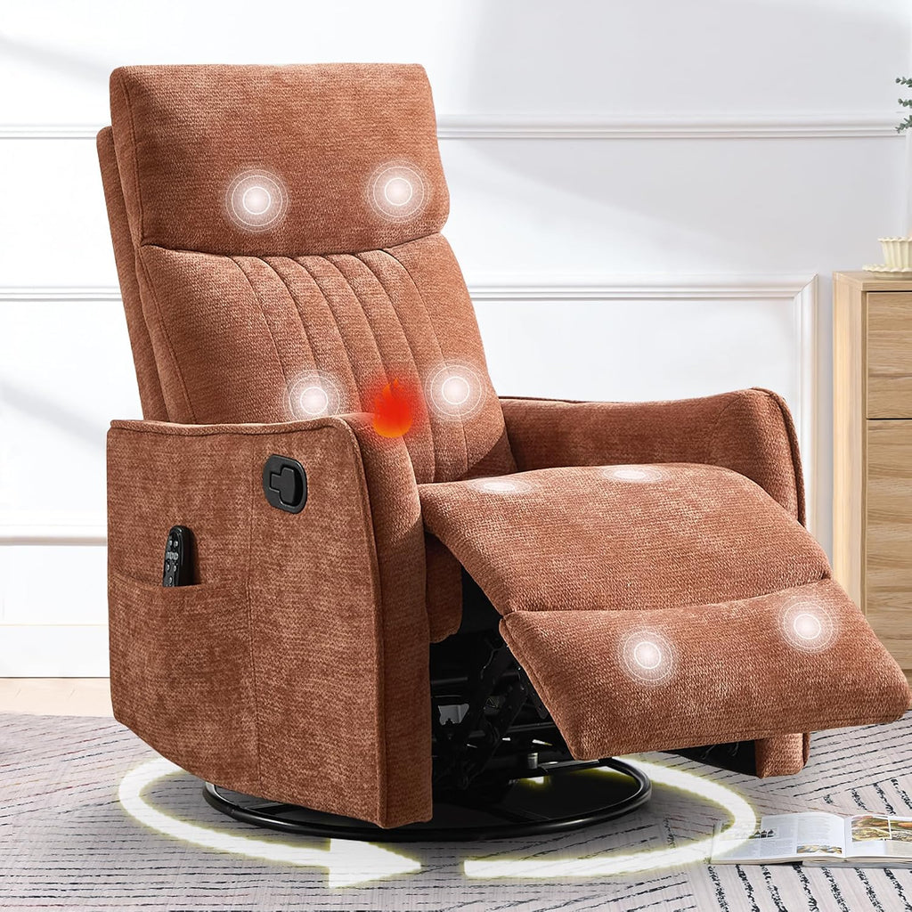 cinkehome Heated Massage Swivel Rocker Recliner Chair for Nursery - Small Space Reclining Chair with Lumbar Support, 360° Swivel & Gentle Rocking, Ergonomic High Back, Orange Chenille