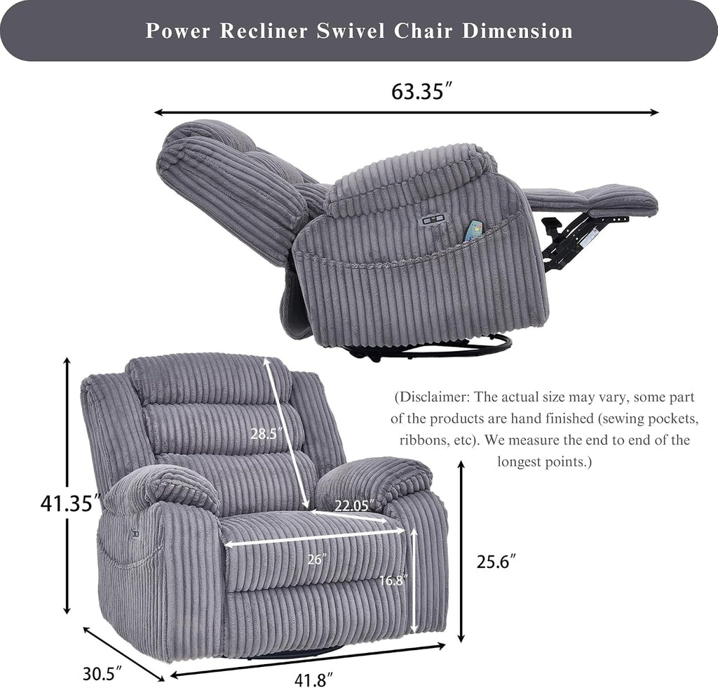 JUUXO Extra Wide Power Swivel Rocking Recliner for Adults with Heat Massage, USB & Type-C Charging, Electric Glider Rocker Chair for Living Room Nursery Bedroom Office