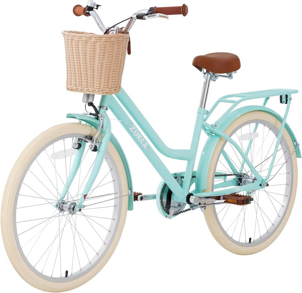 MEGHNA Cruiser Bike 20 inch/24 inch Wheels Girls Women Bike Single Speed Commuter Bike with Basket V-Brake and Coast Brake Women Ladys Bicycle, Multicolors
