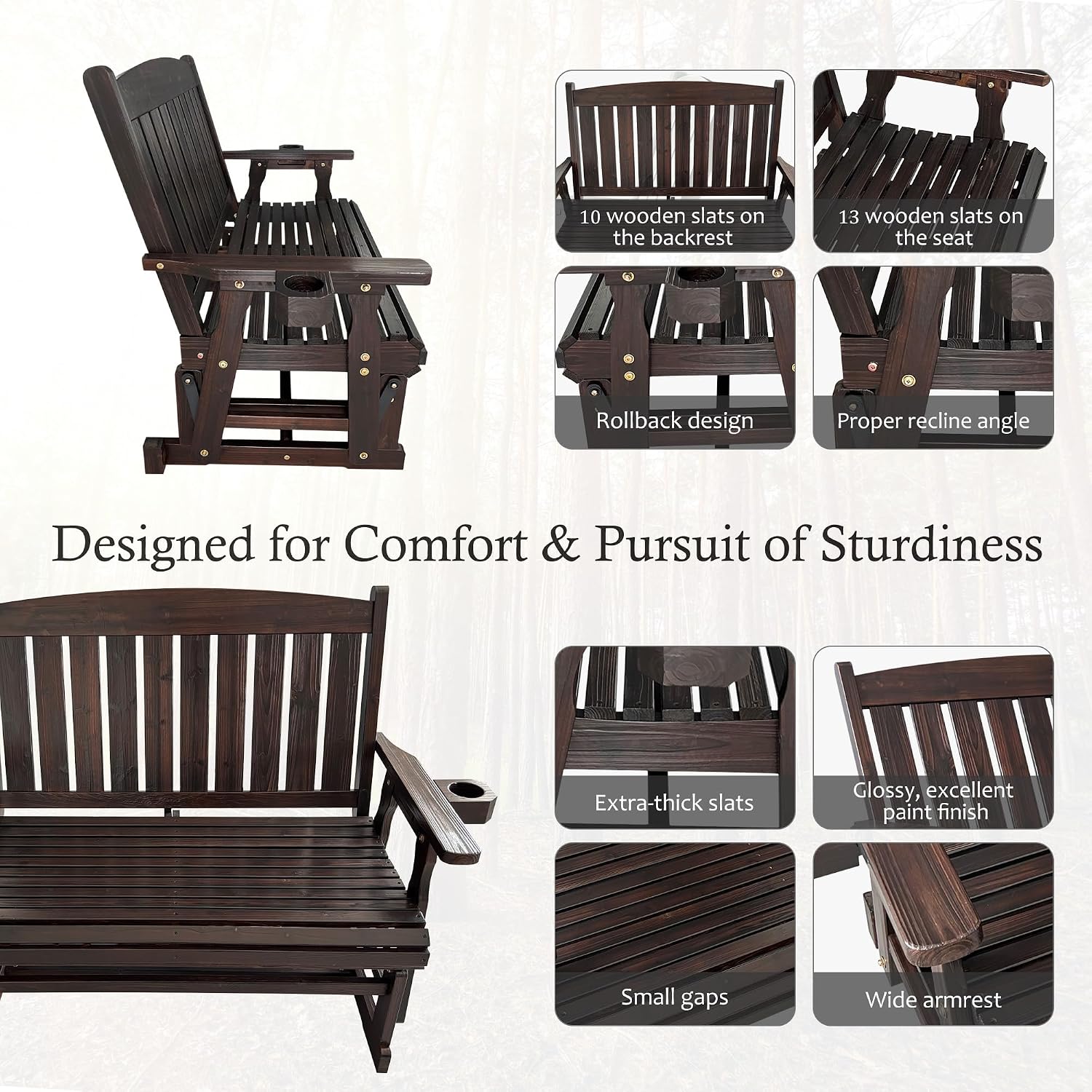 Fortune Candy Wooden Patio Glider for One Person, with High Back and Deep Contoured Seat, Solid Fir Wood, Heavy Duty 600 LBS (Deep Brown, 2-Seater)