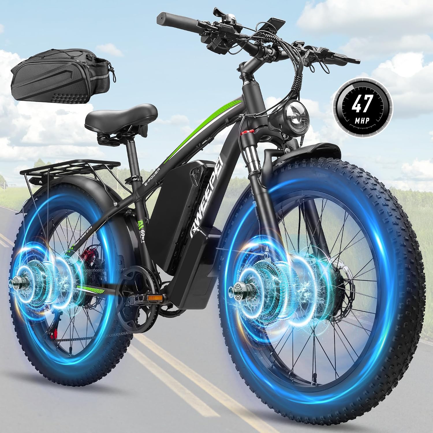 Peak 9000W Dual Motor Ebike - Ebike for Adults 58V Max-Output 36AH Battery 47MPH Fast Electric Bike 105 Miles 7-Speed 24' Fat Tire EBike for Mountain