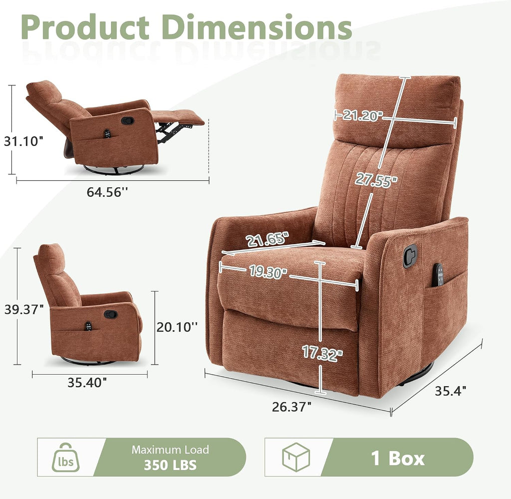 cinkehome Heated Massage Swivel Rocker Recliner Chair for Nursery - Small Space Reclining Chair with Lumbar Support, 360° Swivel & Gentle Rocking, Ergonomic High Back, Orange Chenille