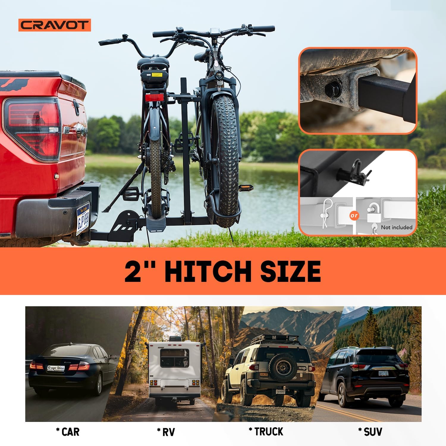CRAVOT CyberRack E2 Hitch 2 EBike Rack with Ramp, 200 lbs Capacity Electric Bike Carrier Foldable Platform Mount, Up to 5-inch Fat Tire Bicycle for 2'' Receiver Cars Trucks SUVs Minivans RV, Trailer